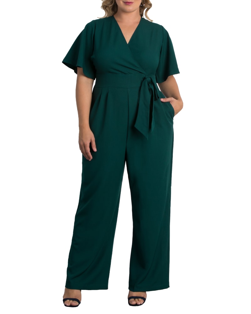 Front of a model wearing a size 0X Charisma Crepe Jumpsuit in HUNTER GREEN by Kiyonna. | dia_product_style_image_id:272176